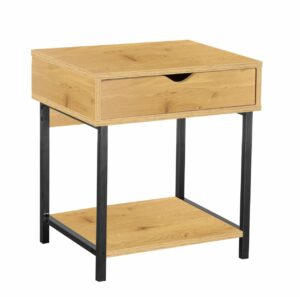 Stolik nocny loft 48 cm dąb naturalny – metalowy stelaż, szuflada, półka