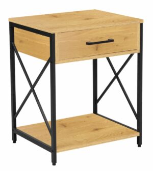 Stolik nocny loft 48 cm dąb naturalny – metalowy stelaż, szuflada, półka