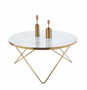 Okrągły stolik kawowy marmur biały – złota metalowa podstawa, nowoczesny glamour