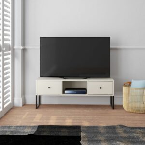 Nowoczesna szafka RTV 115 cm kaszmir – metalowe nogi, 2 szuflady, styl loft