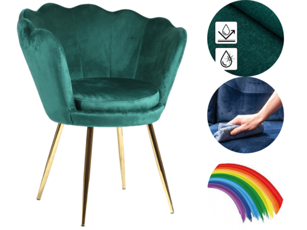 MINI Shell Fotel Velvet – welur (butelkowa zieleń), fotel muszelka, nowoczesny.
