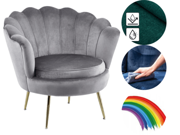 Shell Fotel velvet – welur (szary), fotel muszelka, nowoczesny fotel