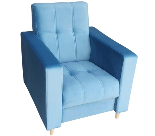 Fotel tapicerowany niebieski, wygodny fotel do salonu