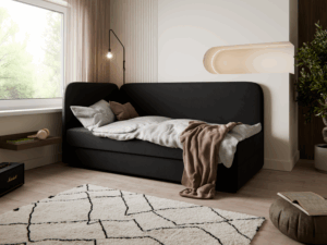 Łóżko tapicerowane z bocznym oparciem – nowoczesna elegancja w tkaninie Coral