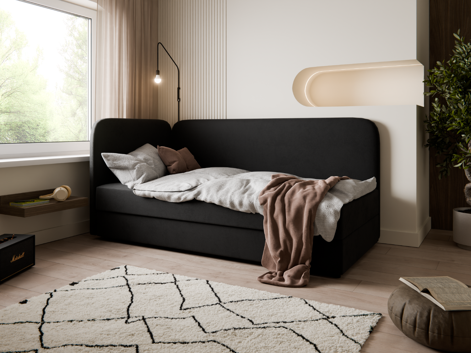 AR K07 Łóżko tapicerowane z bocznym oparciem – nowoczesna elegancja w tkaninie Coral