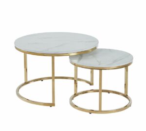 Zestaw 2 stolików kawowych marmur biały – złoty stelaż chromowany, styl glamour