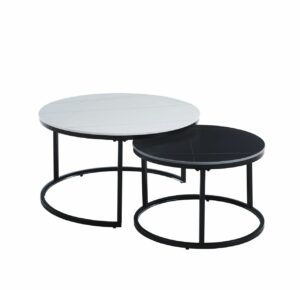 Zestaw stolików kawowych okrągłych – biały i czarny blat ceramiczny, czarny stelaż